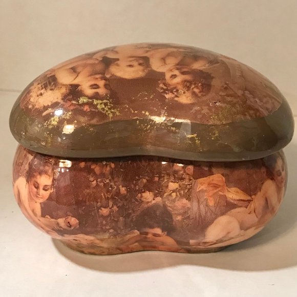 Vintage Ceramic Heart Trinket Box Jewelry Victorian Cherub Children Roses Padded - Picture 3 of 12